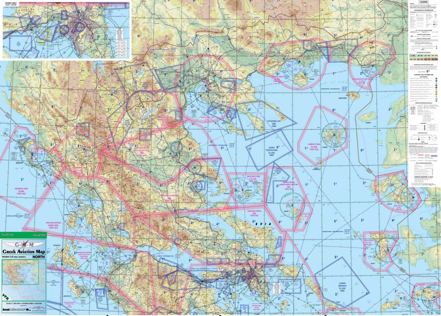 Aeronautical VFR chart covering the Greek FIR (Greek Aviation Map)